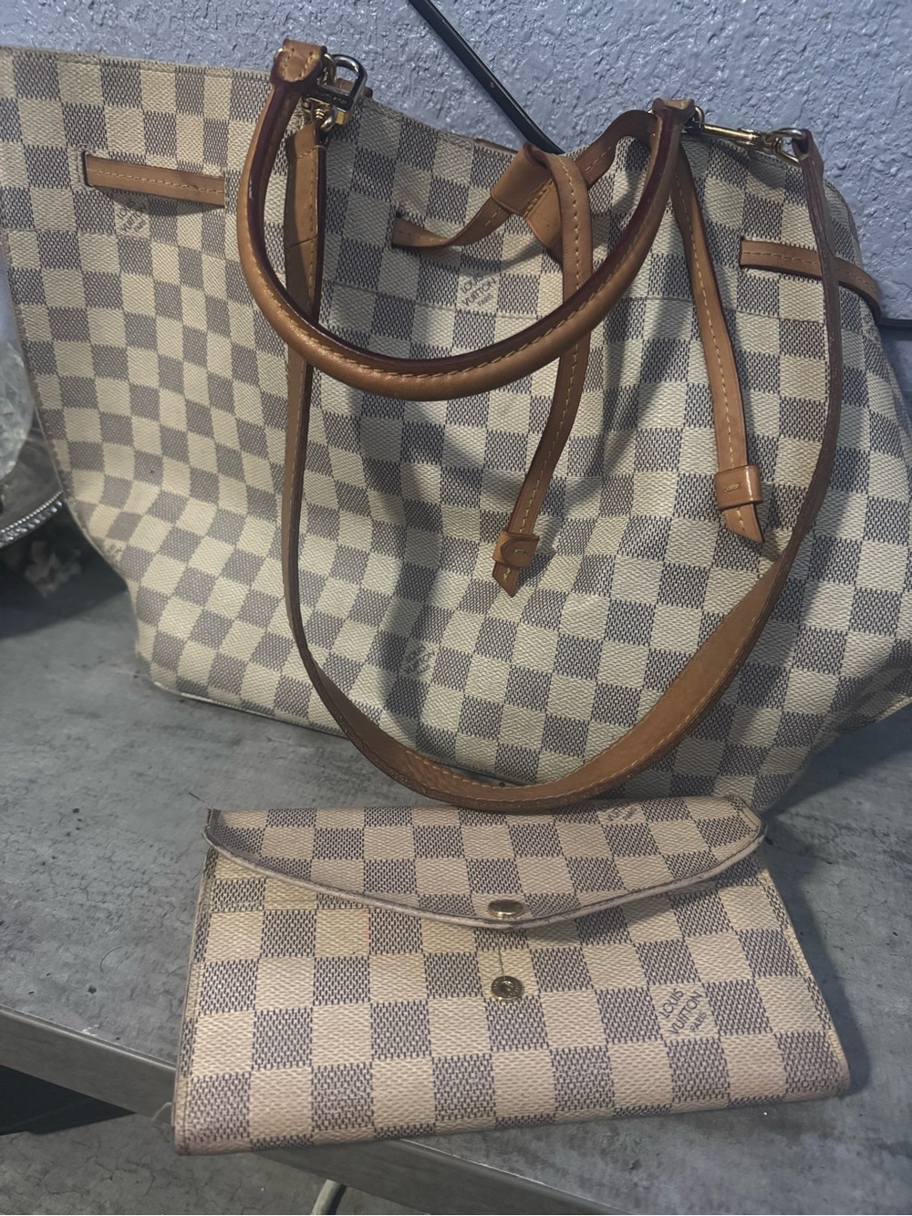 Louis Vuitton Damier Azur Tote with Brown Leather Trim, including wallet